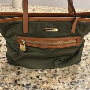 Michael Kors olive green and tan shoulder bag